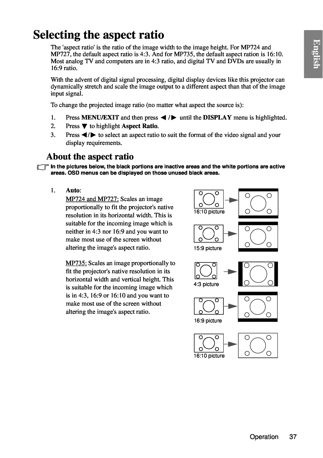 BenQ MP727, MP735 user manual Selecting the aspect ratio, About the aspect ratio, English 