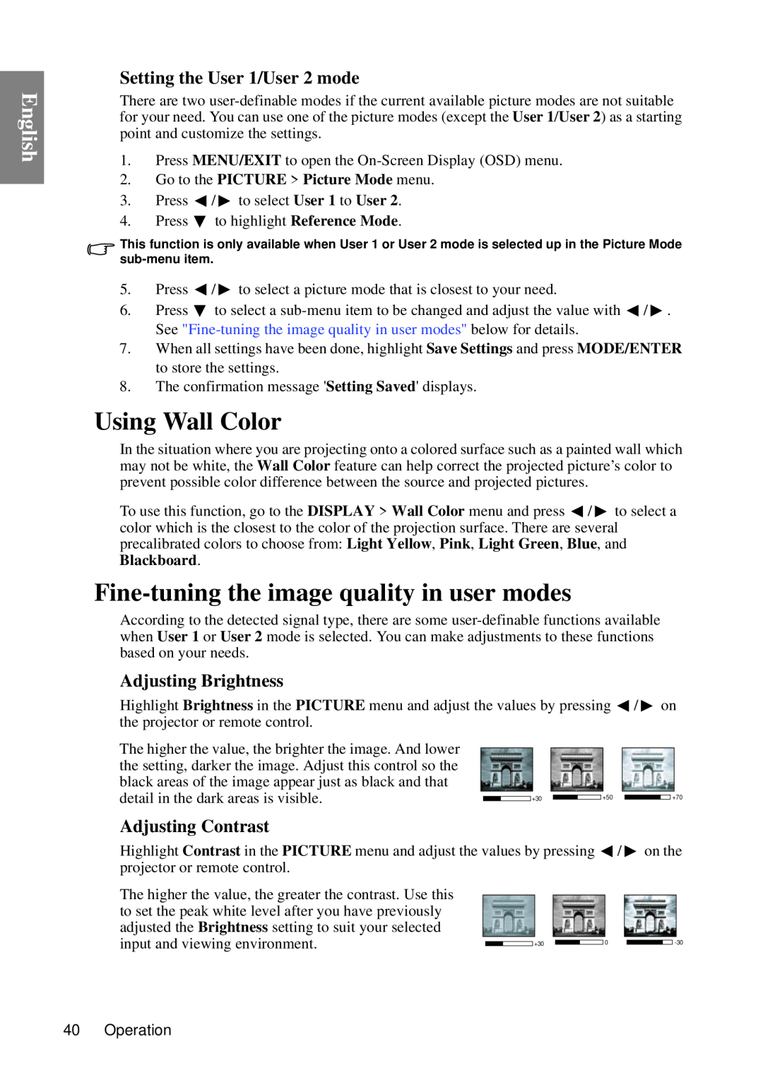 BenQ MP735, MP727 Using Wall Color, Fine-tuning the image quality in user modes, Setting the User 1/User 2 mode, English 
