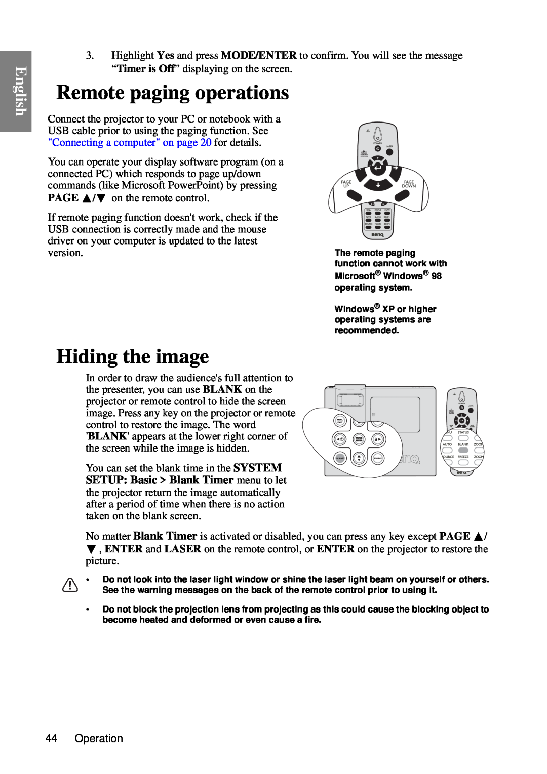 BenQ MP735, MP727 user manual Remote paging operations, Hiding the image, English, version 