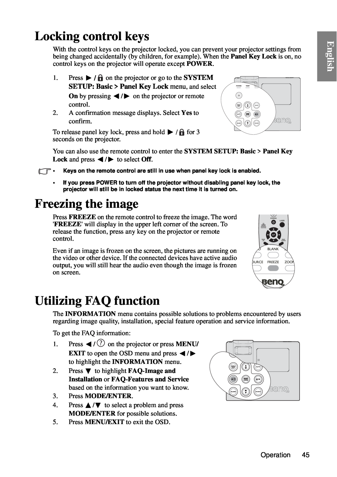 BenQ MP727, MP735 user manual Locking control keys, Freezing the image, Utilizing FAQ function, English 