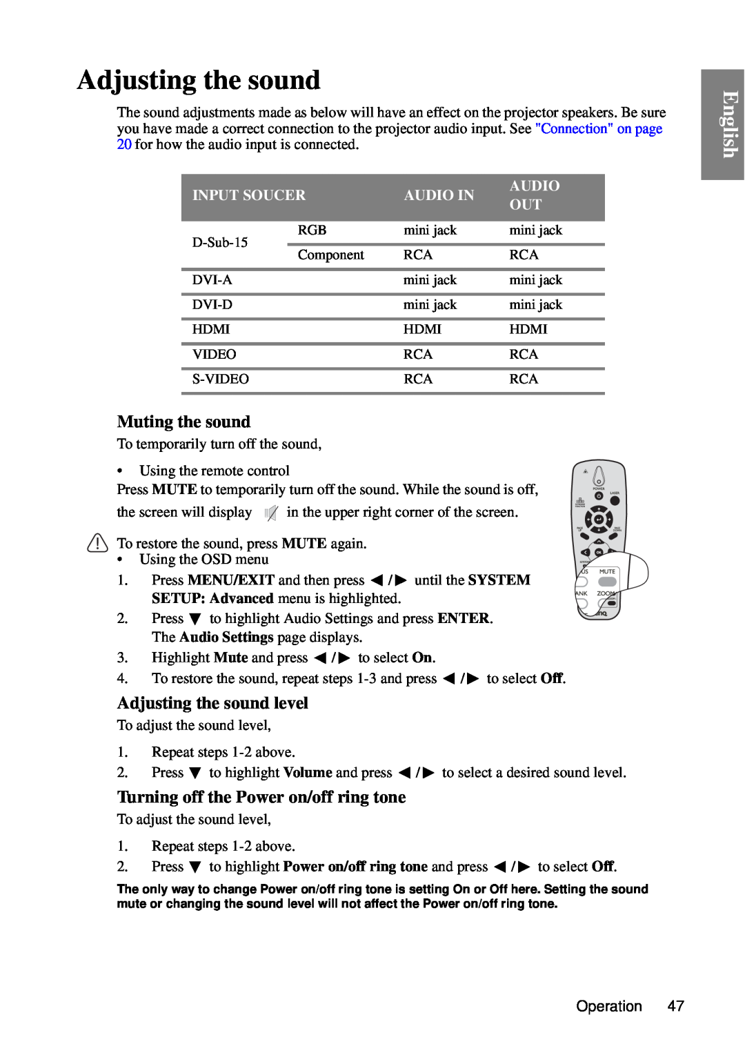 BenQ MP727 Muting the sound, Adjusting the sound level, Turning off the Power on/off ring tone, English, Input Soucer 