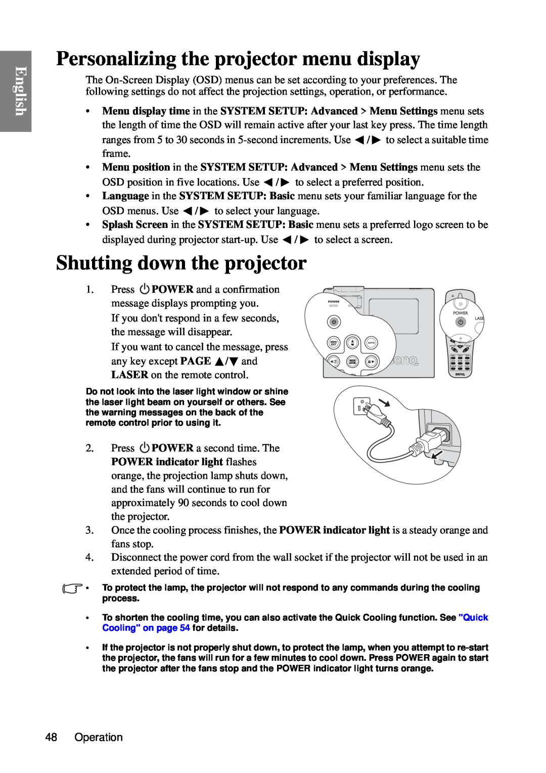 BenQ MP735, MP727 user manual Personalizing the projector menu display, Shutting down the projector, English 
