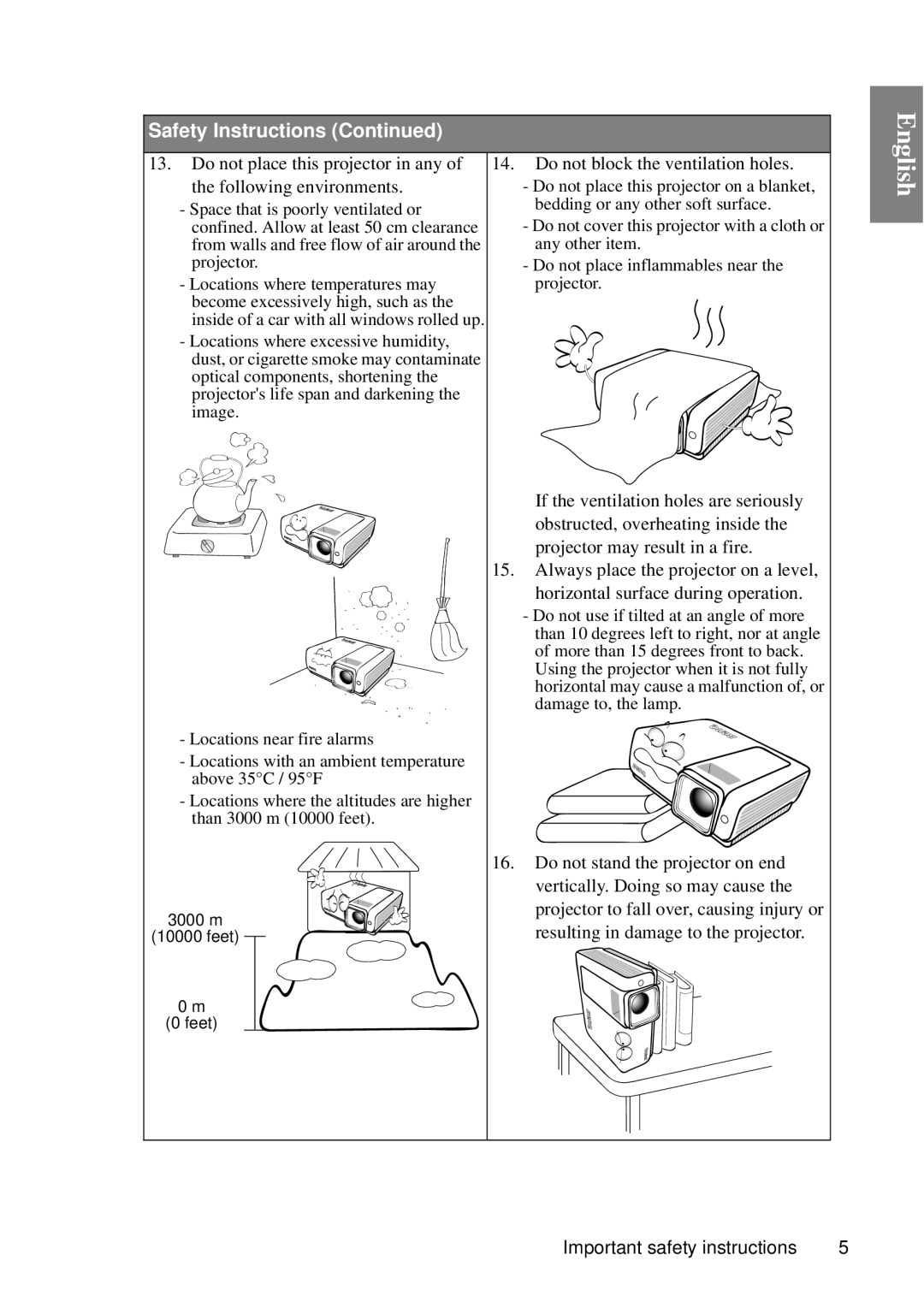 BenQ MP727, MP735 English, Safety Instructions Continued, Do not place this projector in any of the following environments 