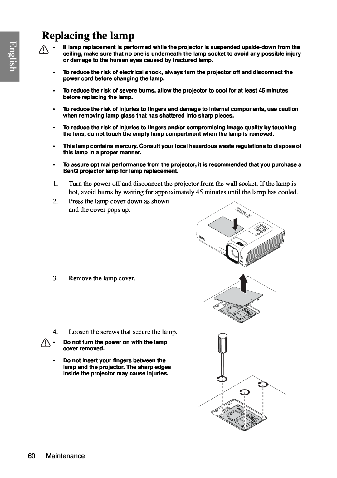 BenQ MP735, MP727 user manual Replacing the lamp, English, Press the lamp cover down as shown and the cover pops up 