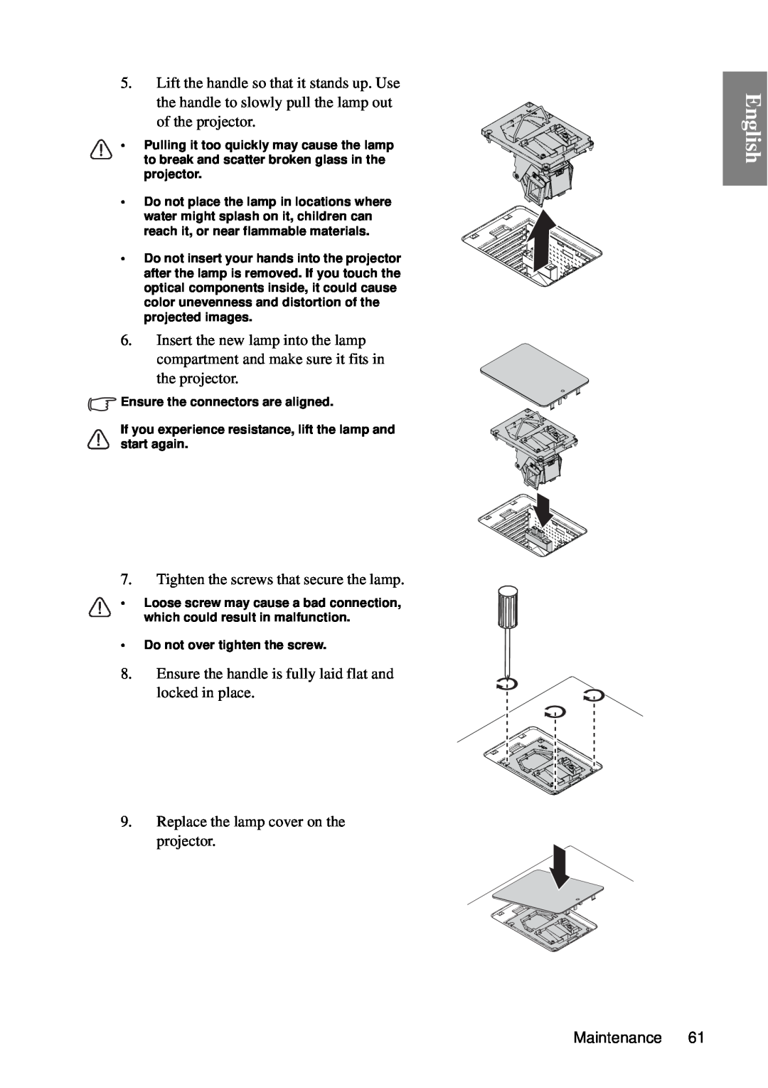BenQ MP727, MP735 user manual English, Tighten the screws that secure the lamp 
