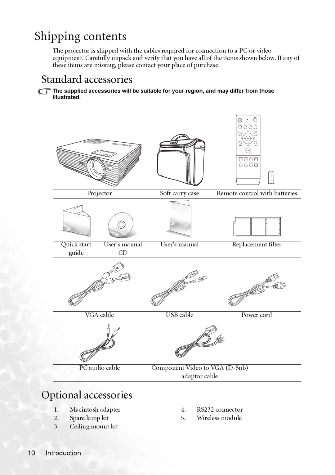 BenQ MP770 user manual Shipping contents 