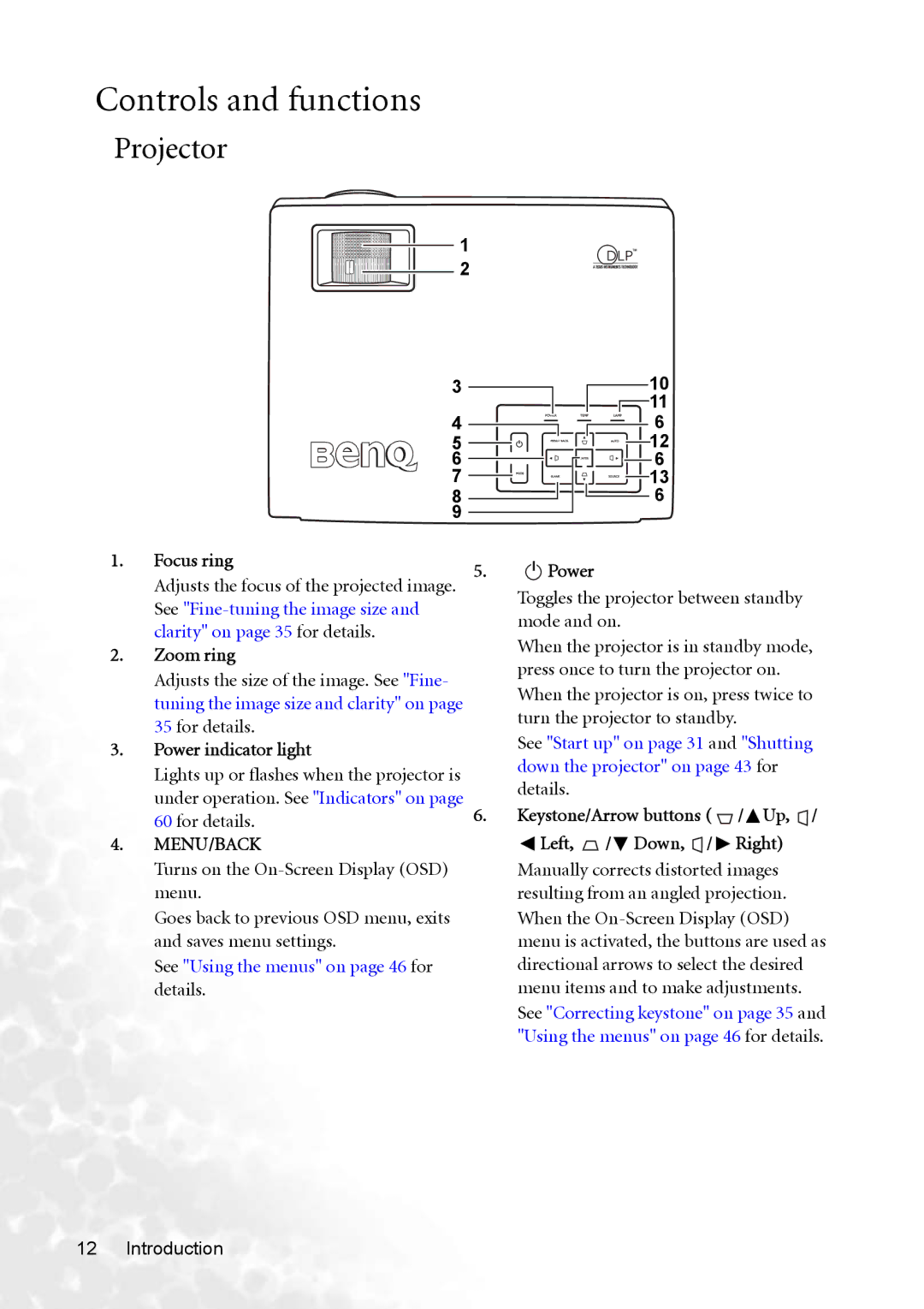 BenQ MP770 user manual Controls and functions, Projector 