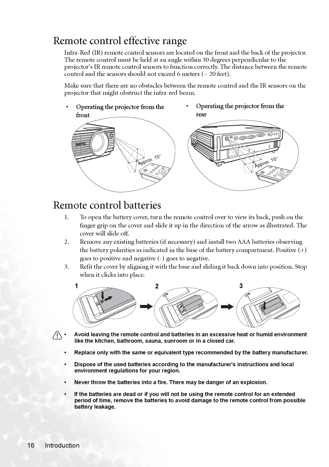 BenQ MP770 user manual Remote control effective range, Remote control batteries 