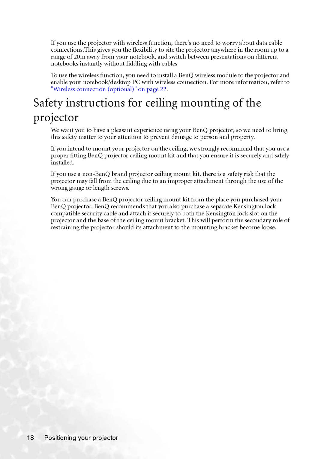 BenQ MP770 user manual Safety instructions for ceiling mounting of the projector 