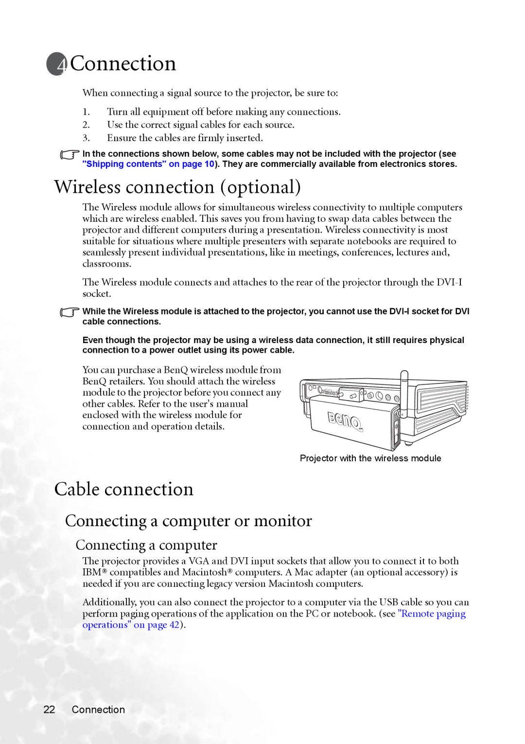 BenQ MP770 user manual Connection, Wireless connection optional, Cable connection, Connecting a computer or monitor 