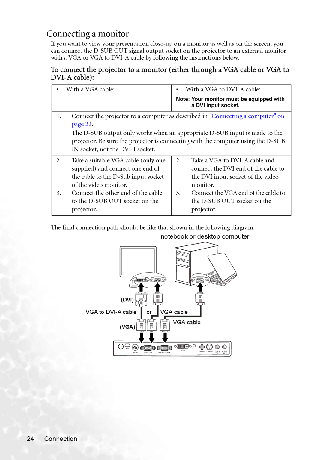 BenQ MP770 user manual With a VGA cable With a VGA to DVI-A cable, Socket, not the DVI-I socket 