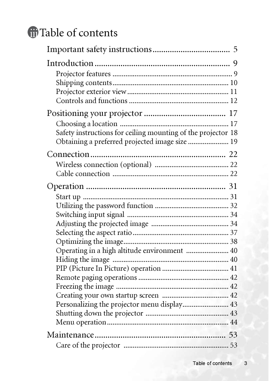 BenQ MP770 user manual Table of contents 