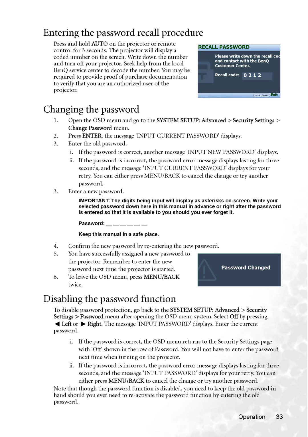 BenQ MP770 user manual Entering the password recall procedure, Changing the password, Disabling the password function 