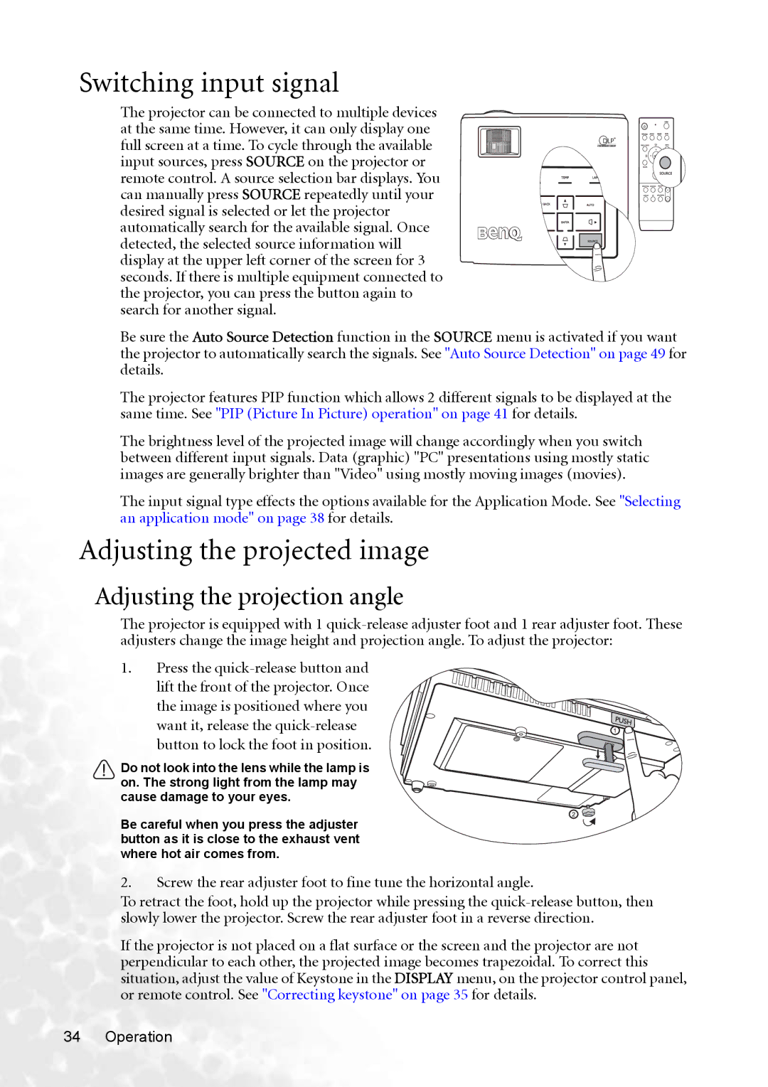 BenQ MP770 user manual Switching input signal, Adjusting the projected image, Adjusting the projection angle 