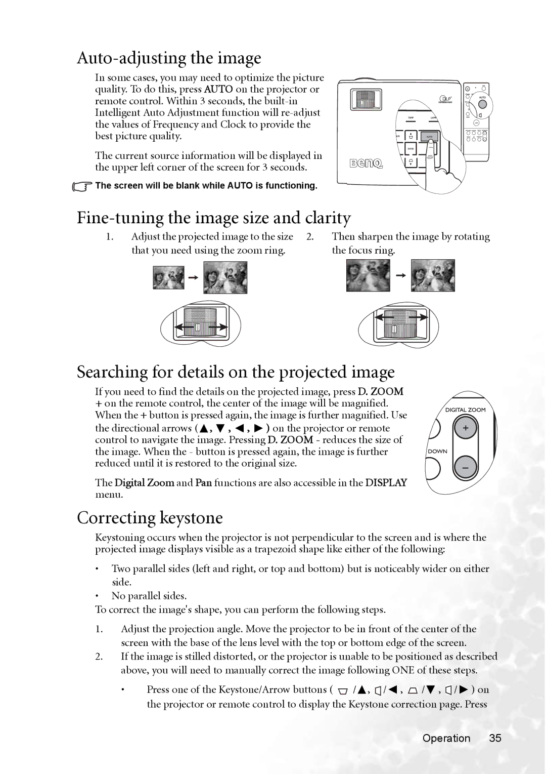 BenQ MP770 Auto-adjusting the image, Fine-tuning the image size and clarity, Searching for details on the projected image 