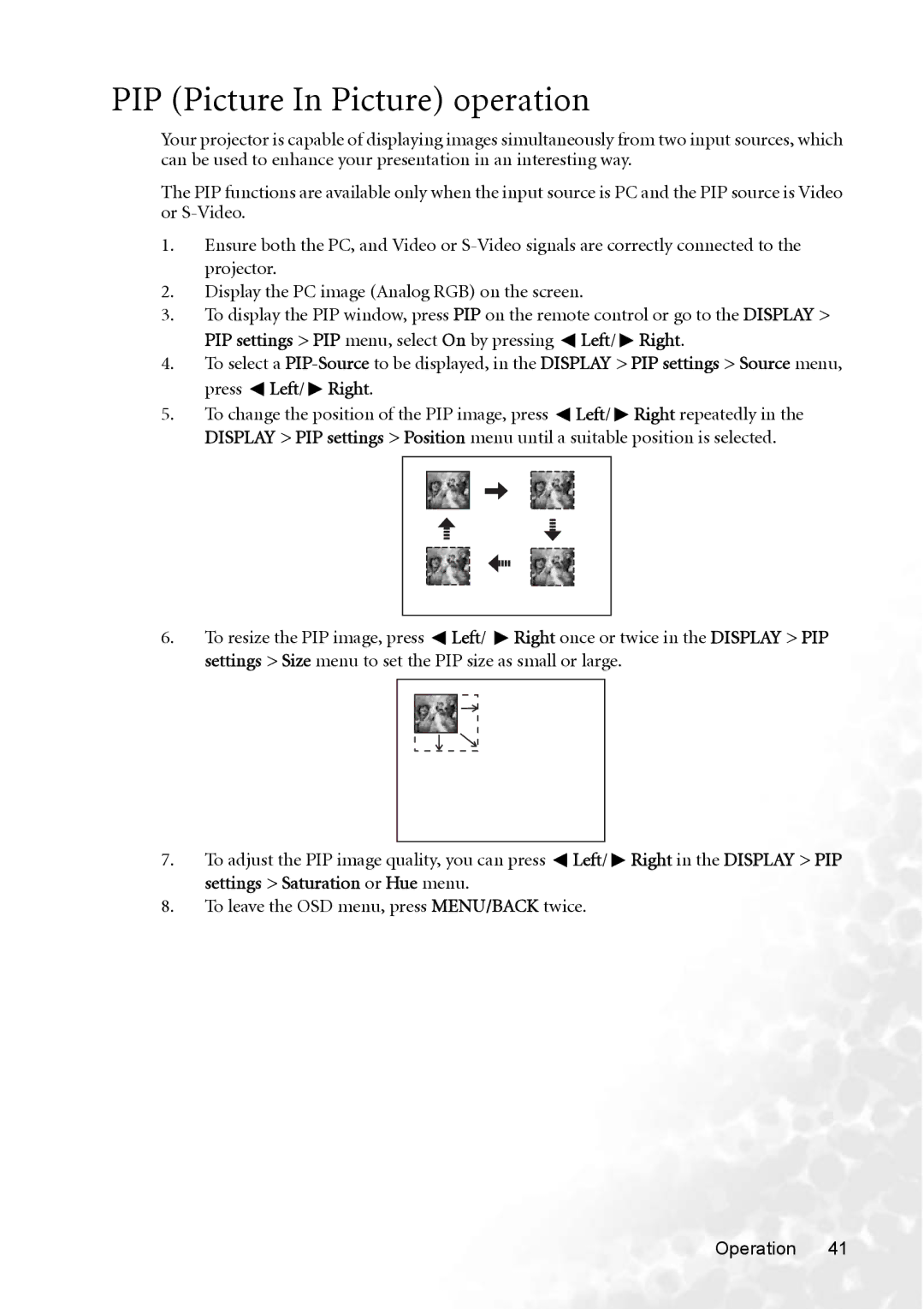 BenQ MP770 user manual PIP Picture In Picture operation 