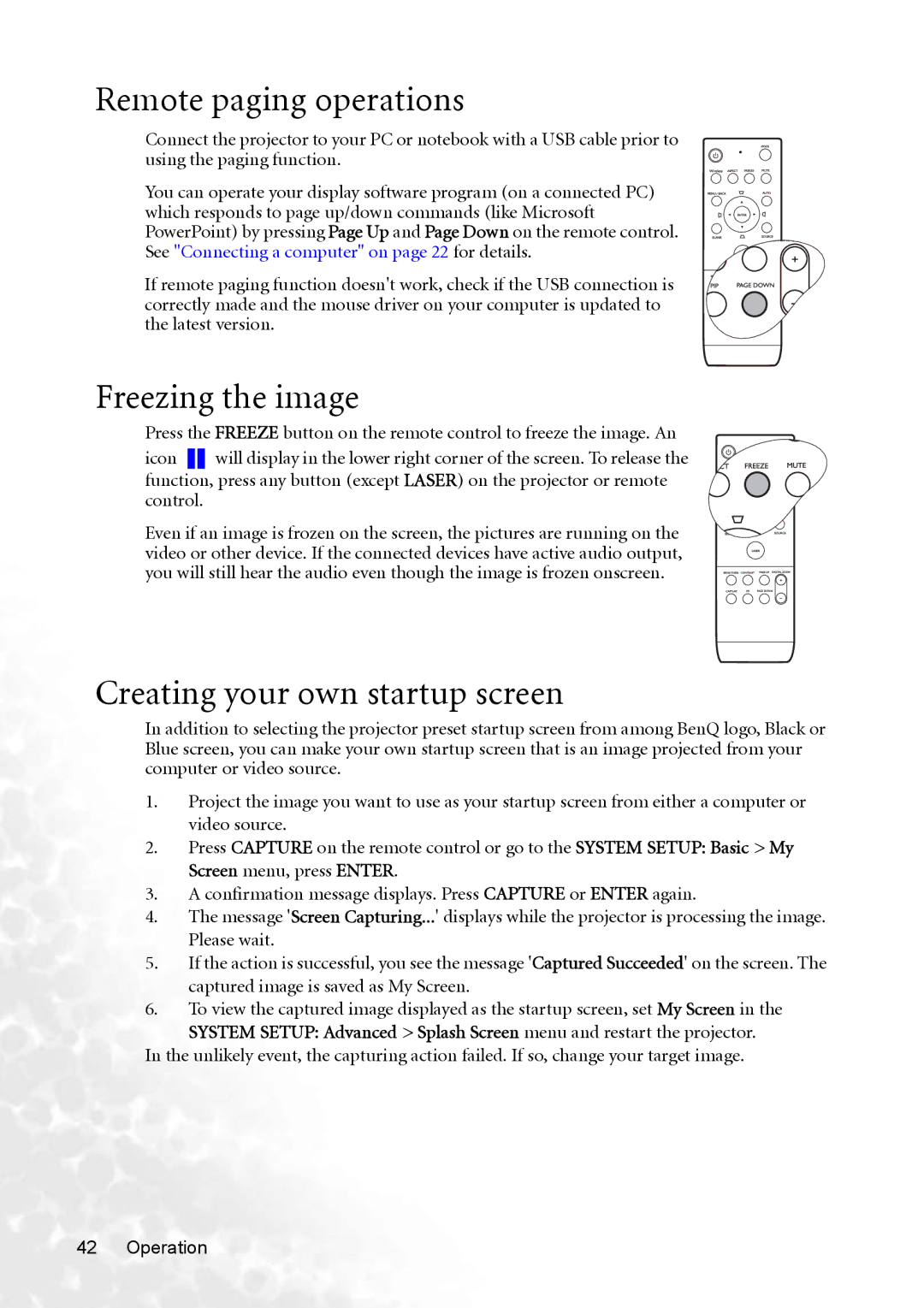 BenQ MP770 user manual Remote paging operations, Freezing the image, Creating your own startup screen 