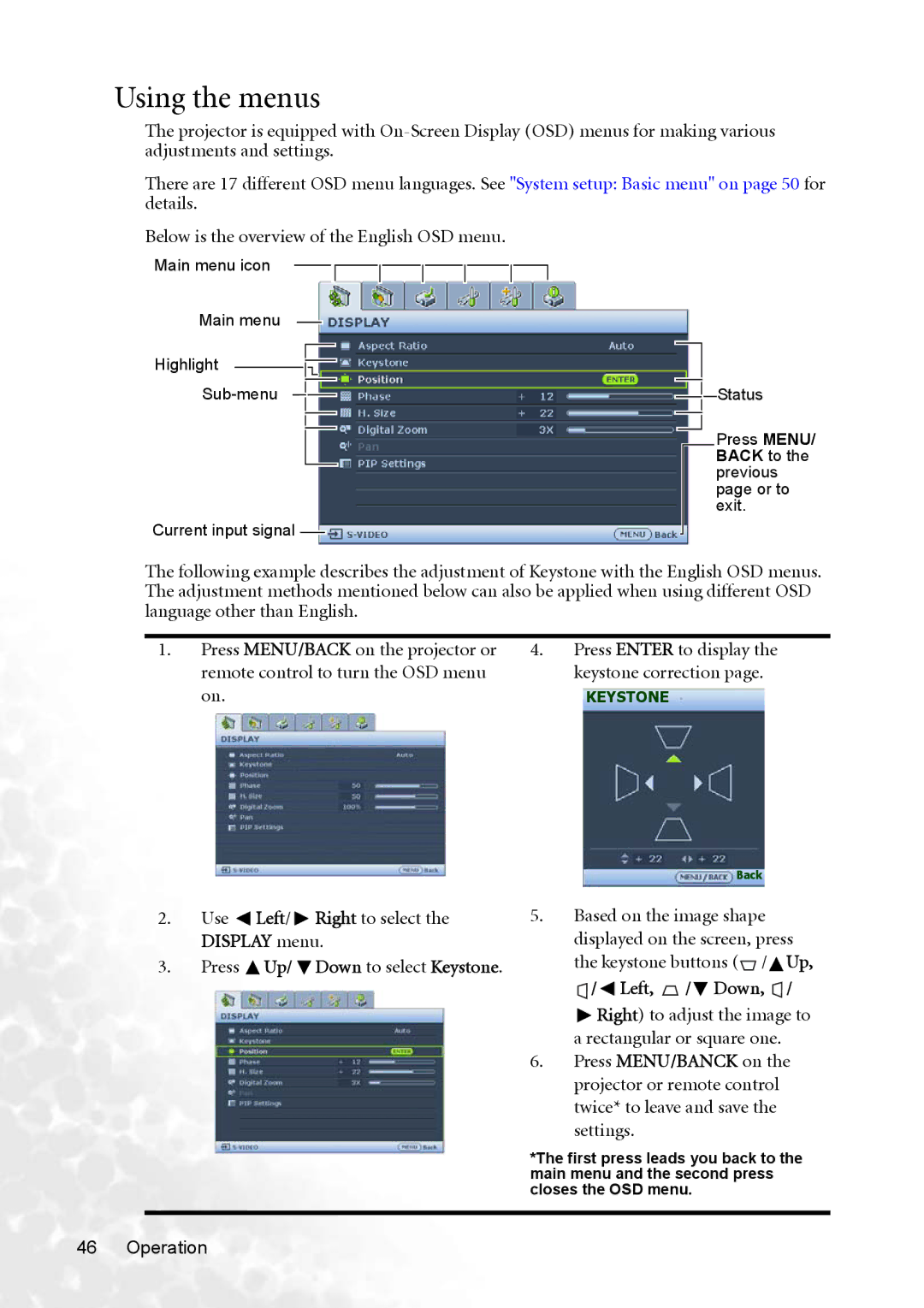 BenQ MP770 user manual Using the menus, Use Left/ Right to select the Display menu 