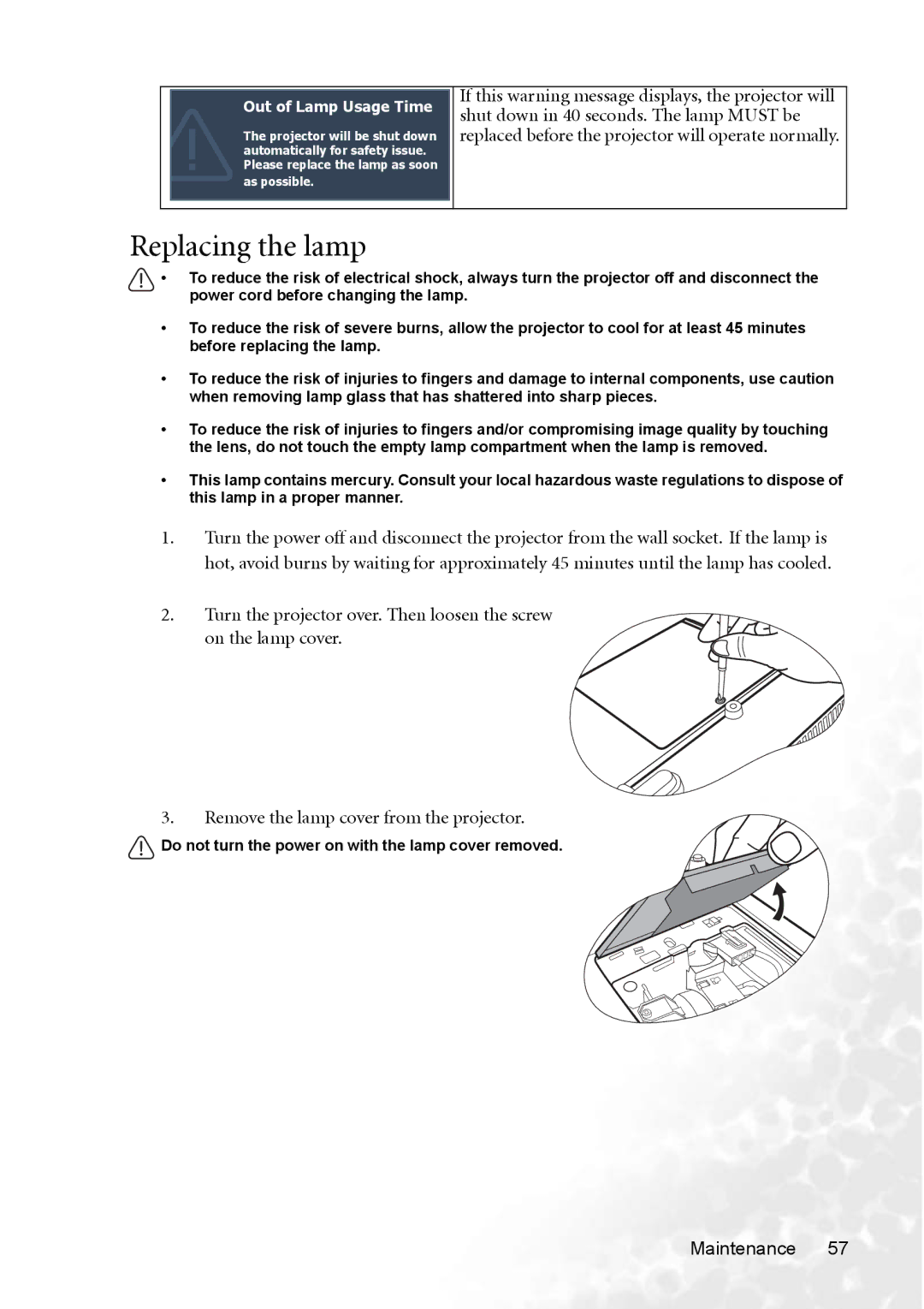 BenQ MP770 user manual Replacing the lamp, Out of Lamp Usage Time 