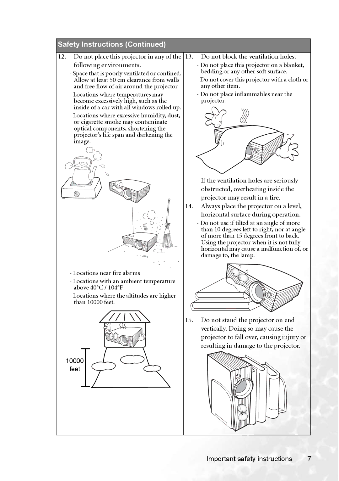 BenQ MP770 user manual Bedding or any other soft surface, Feet Important safety instructions 