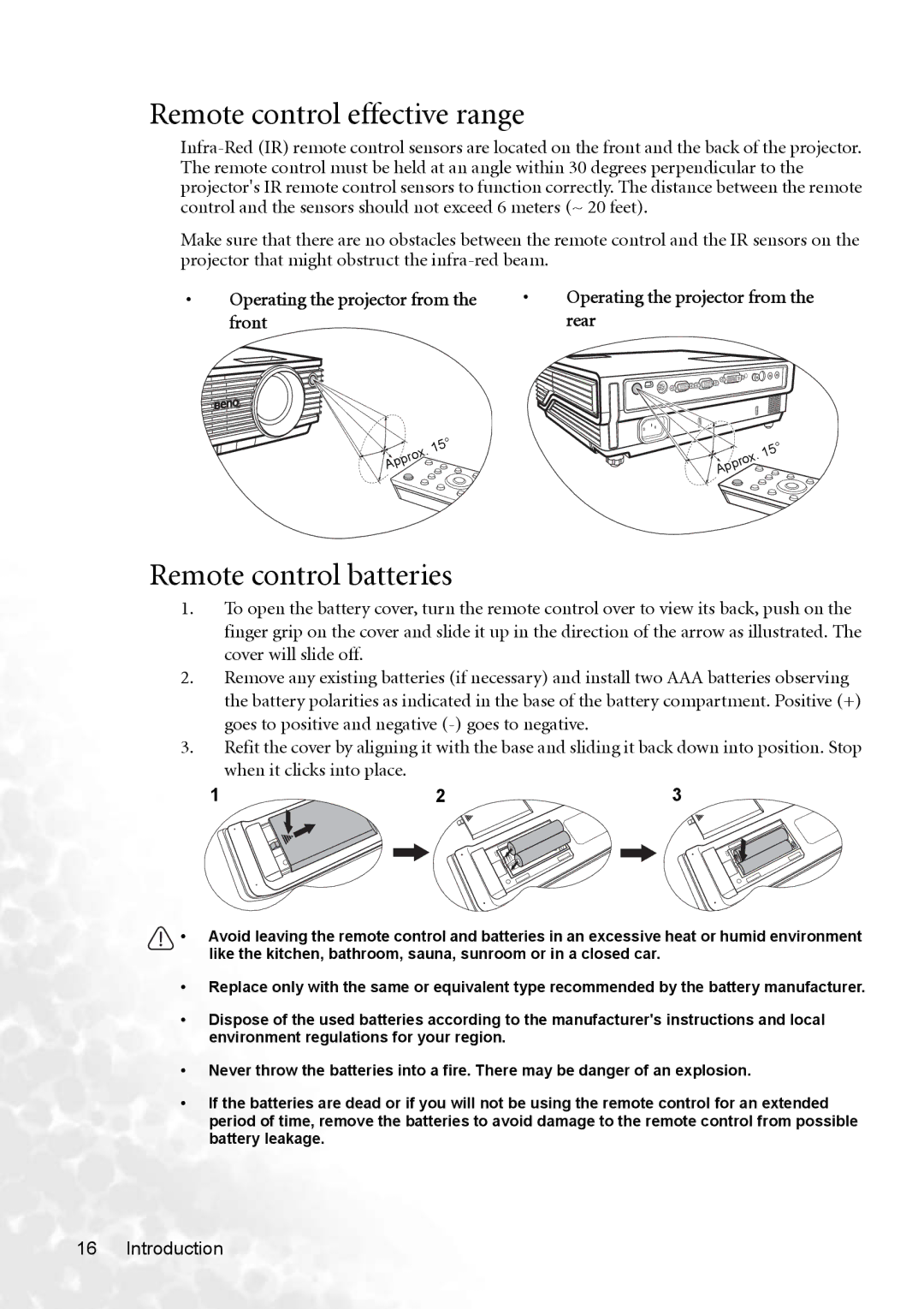 BenQ MP770 user manual Remote control effective range, Remote control batteries, Front Rear 