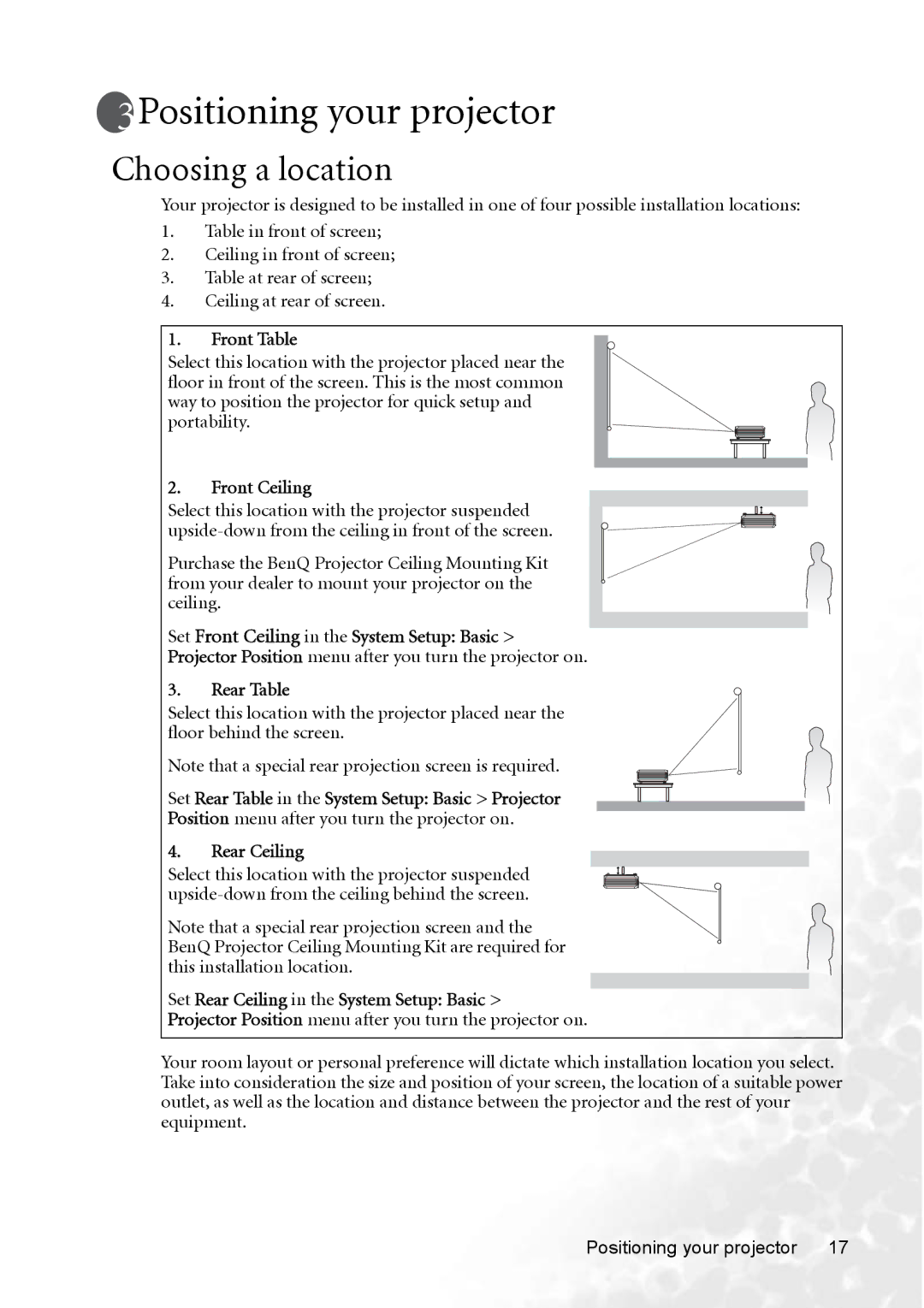 BenQ MP770 user manual Positioning your projector, Choosing a location 