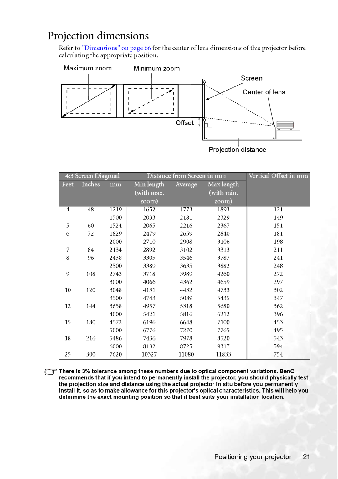 BenQ MP770 user manual Projection dimensions 