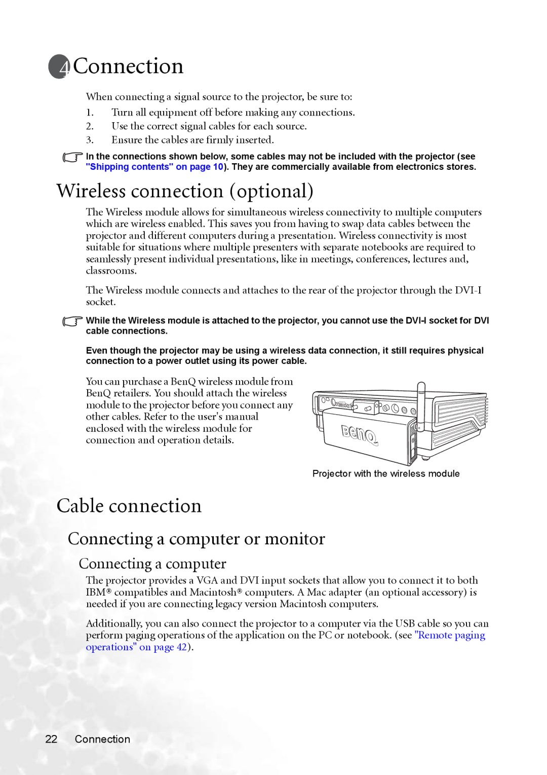 BenQ MP770 user manual Connection, Wireless connection optional, Cable connection, Connecting a computer or monitor 