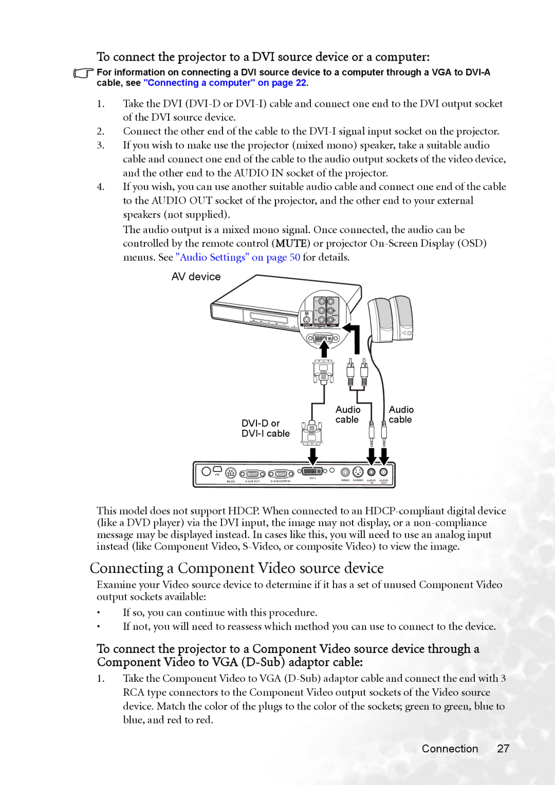 BenQ MP770 user manual AV device, DVI-D or DVI-I cable Audio Audio Cable cable 