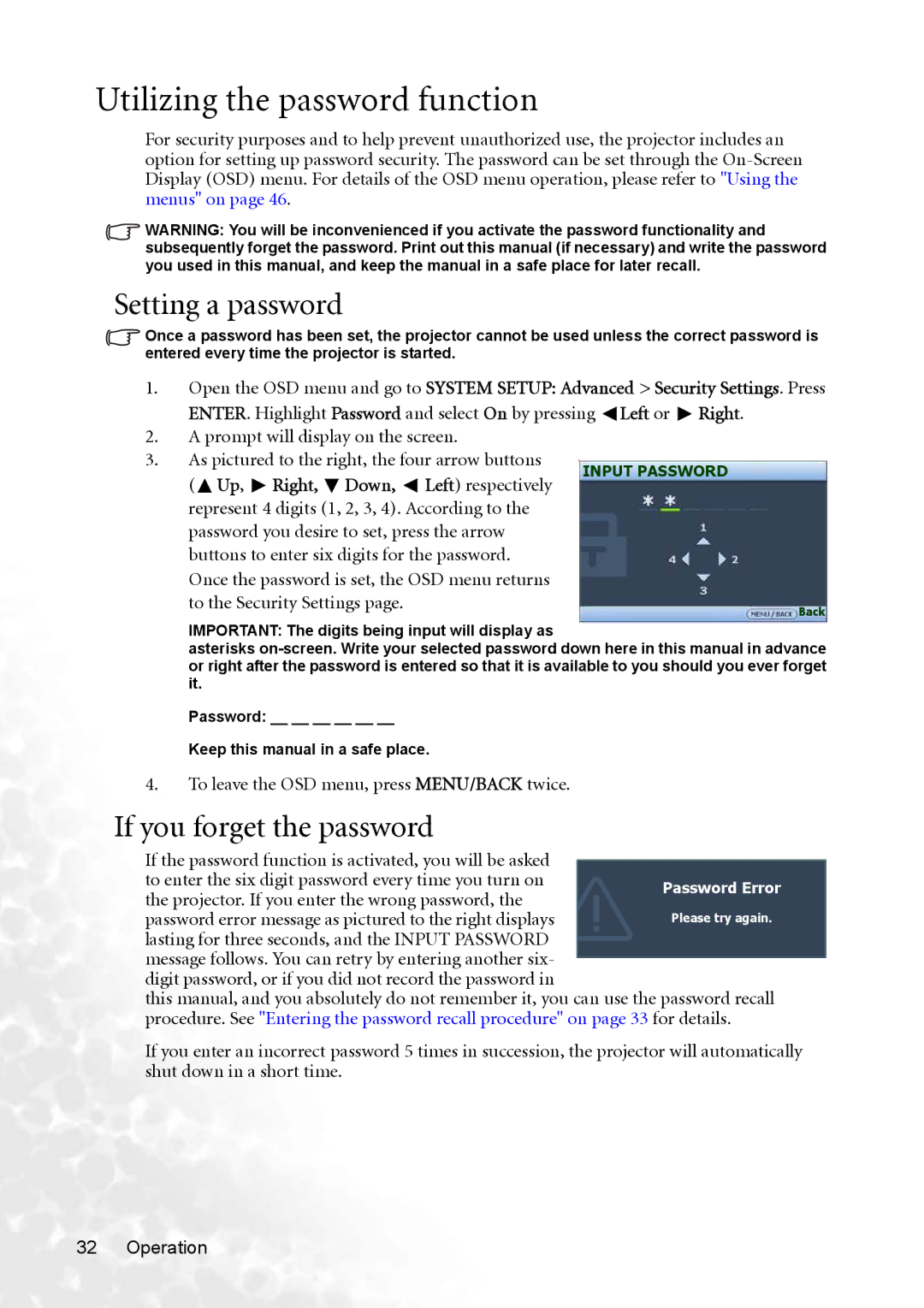 BenQ MP770 user manual Utilizing the password function, Setting a password, If you forget the password 