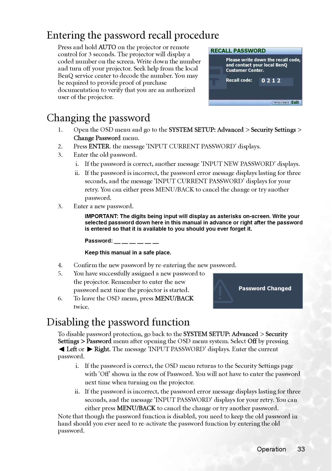 BenQ MP770 user manual Entering the password recall procedure, Changing the password, Disabling the password function 