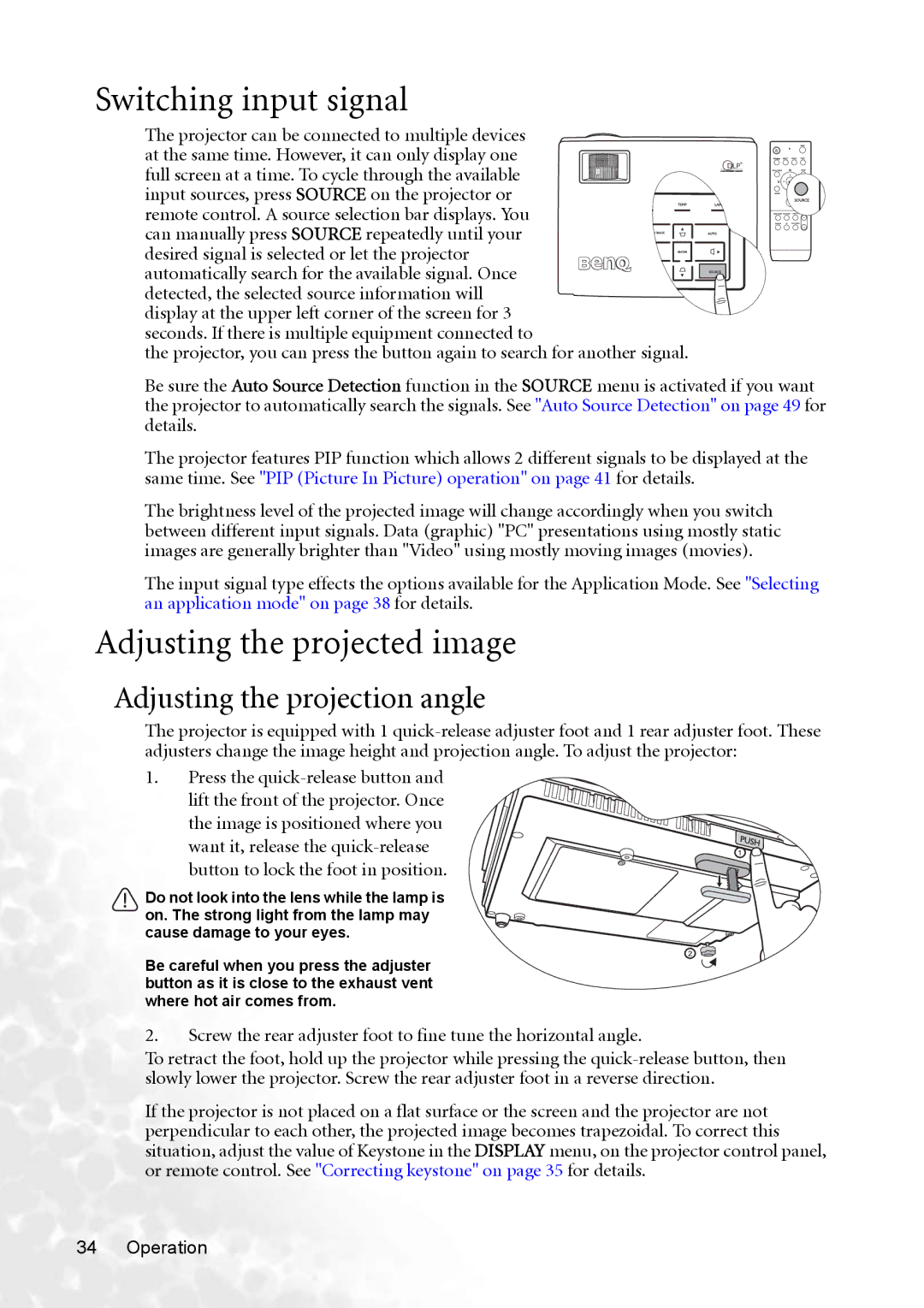 BenQ MP770 user manual Switching input signal, Adjusting the projected image, Adjusting the projection angle 