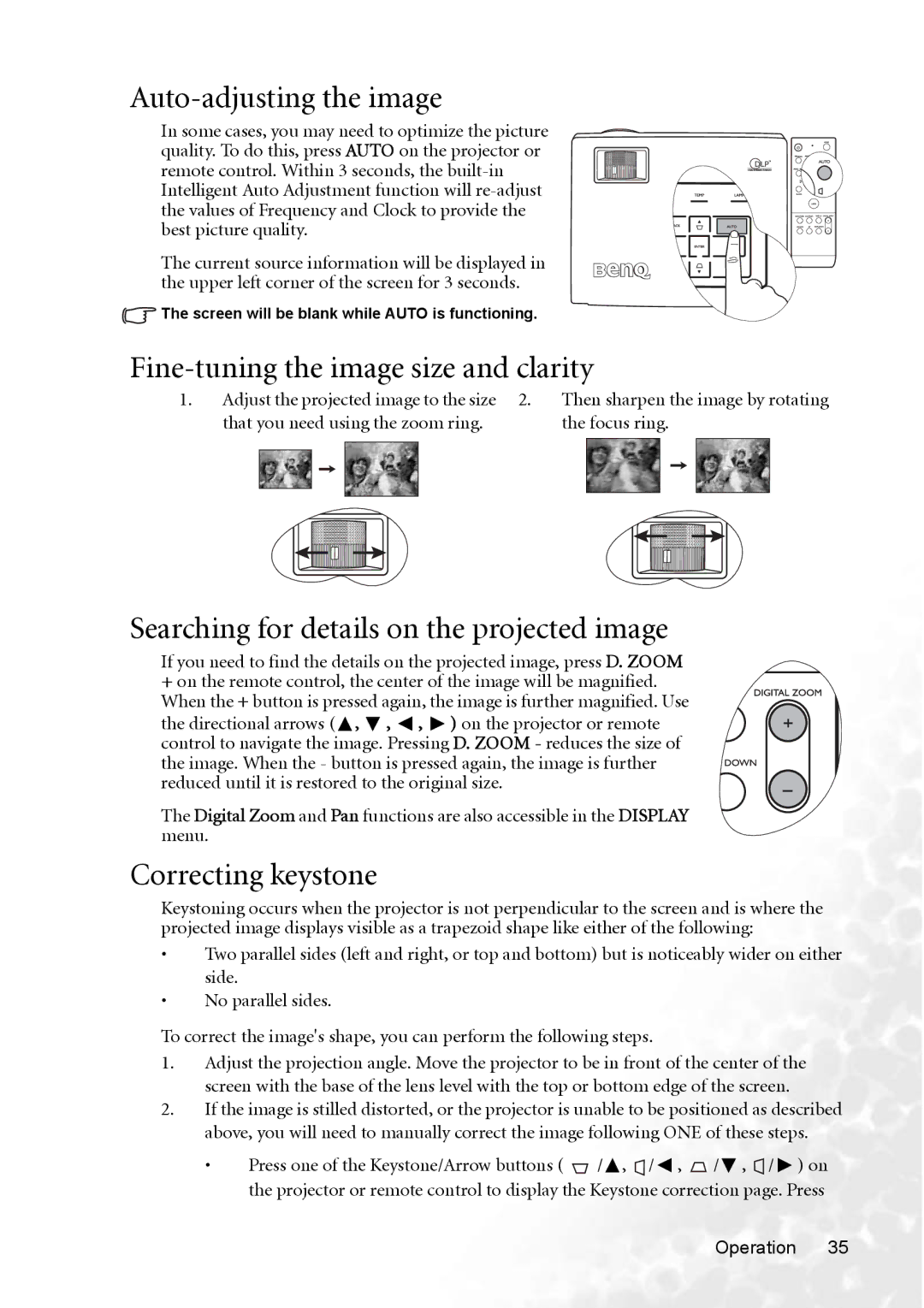 BenQ MP770 Auto-adjusting the image, Fine-tuning the image size and clarity, Searching for details on the projected image 