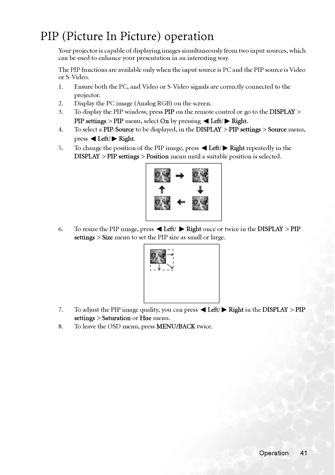 BenQ MP770 user manual PIP Picture In Picture operation 