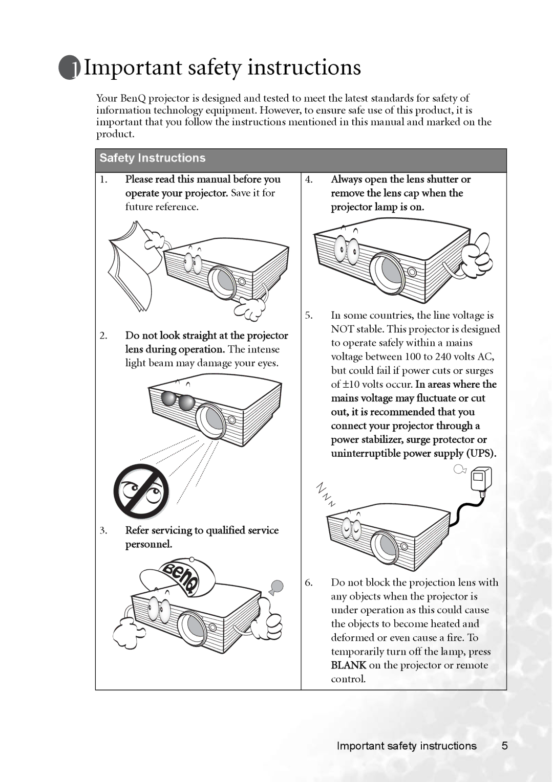 BenQ MP770 Important safety instructions, Future reference Projector lamp is on, Do not look straight at the projector 