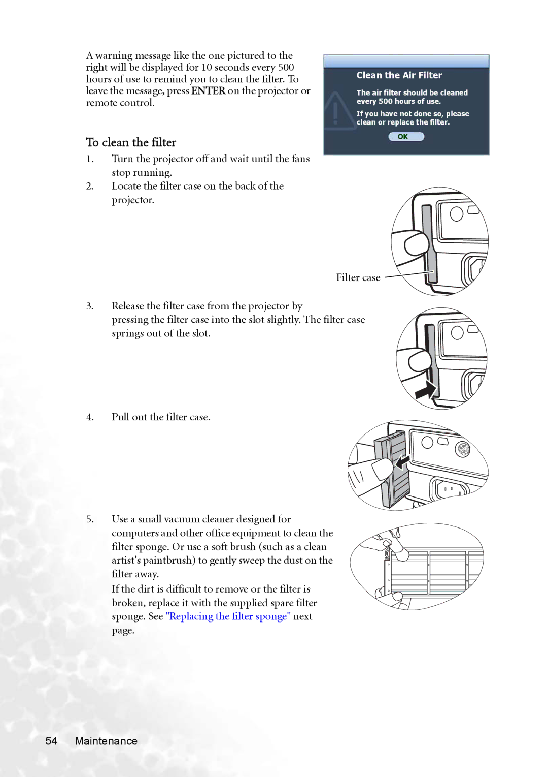 BenQ MP770 user manual To clean the filter, Clean the Air Filter 