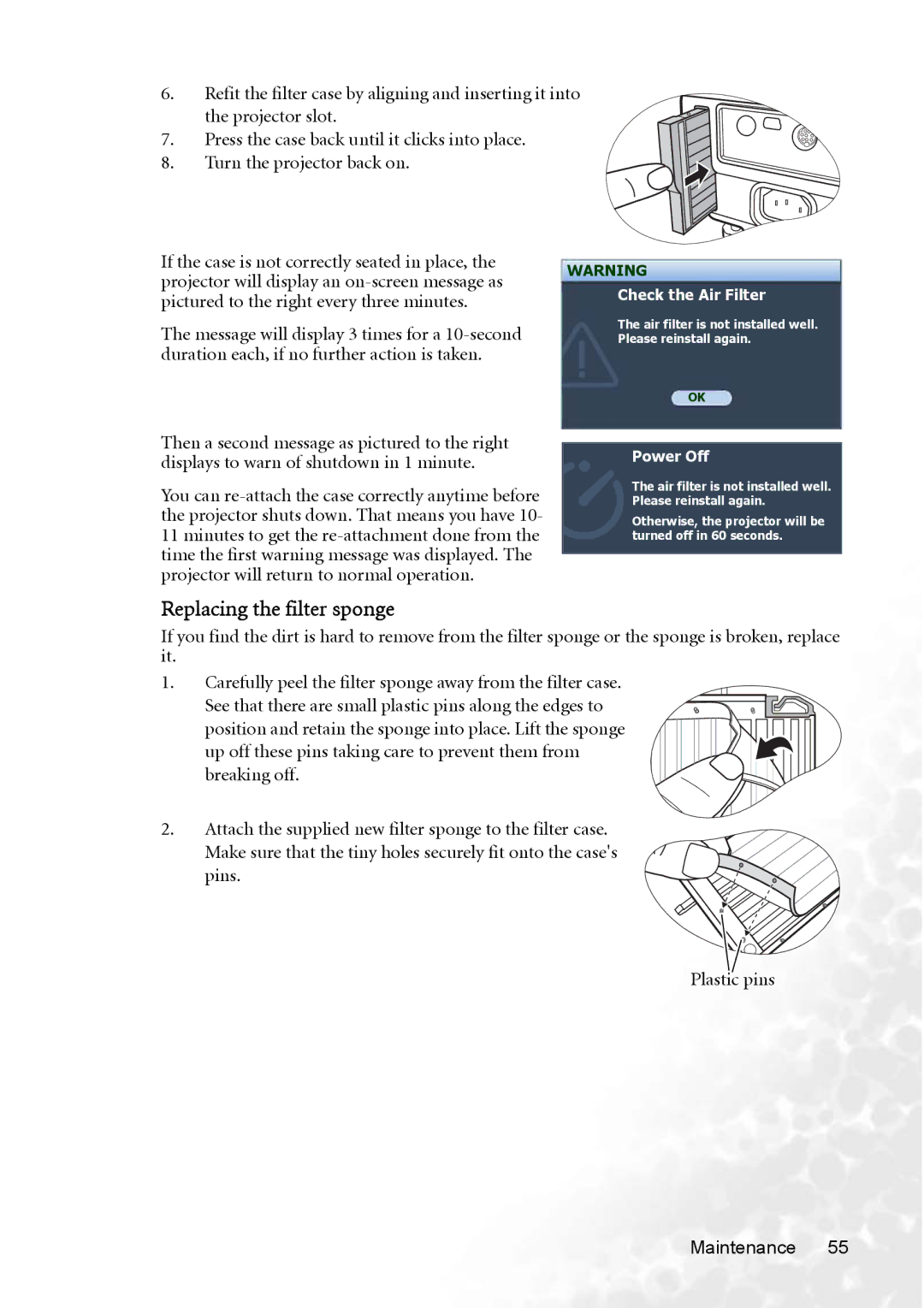 BenQ MP770 user manual Replacing the filter sponge, Check the Air Filter 