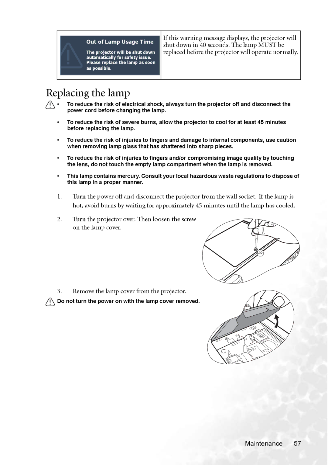 BenQ MP770 user manual Replacing the lamp, Out of Lamp Usage Time 