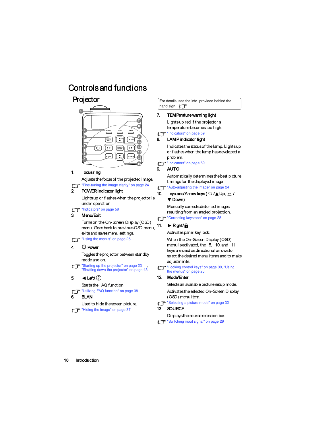 BenQ MP776 ST user manual Controls and functions, Projector 