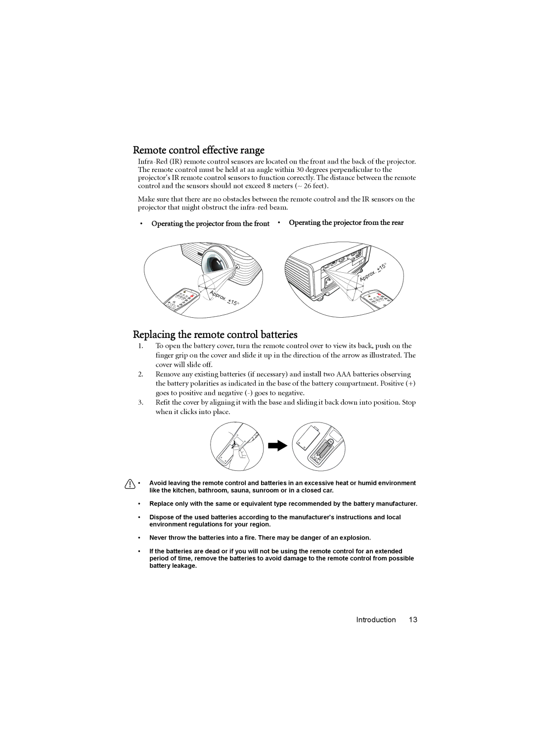 BenQ MP776 ST user manual Remote control effective range, Replacing the remote control batteries, Approx.+15 