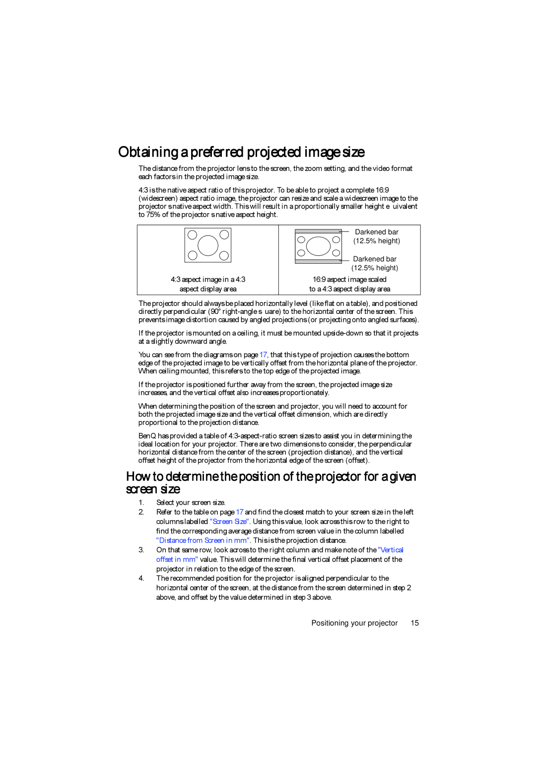 BenQ MP776 ST user manual Obtaining a preferred projected image size 