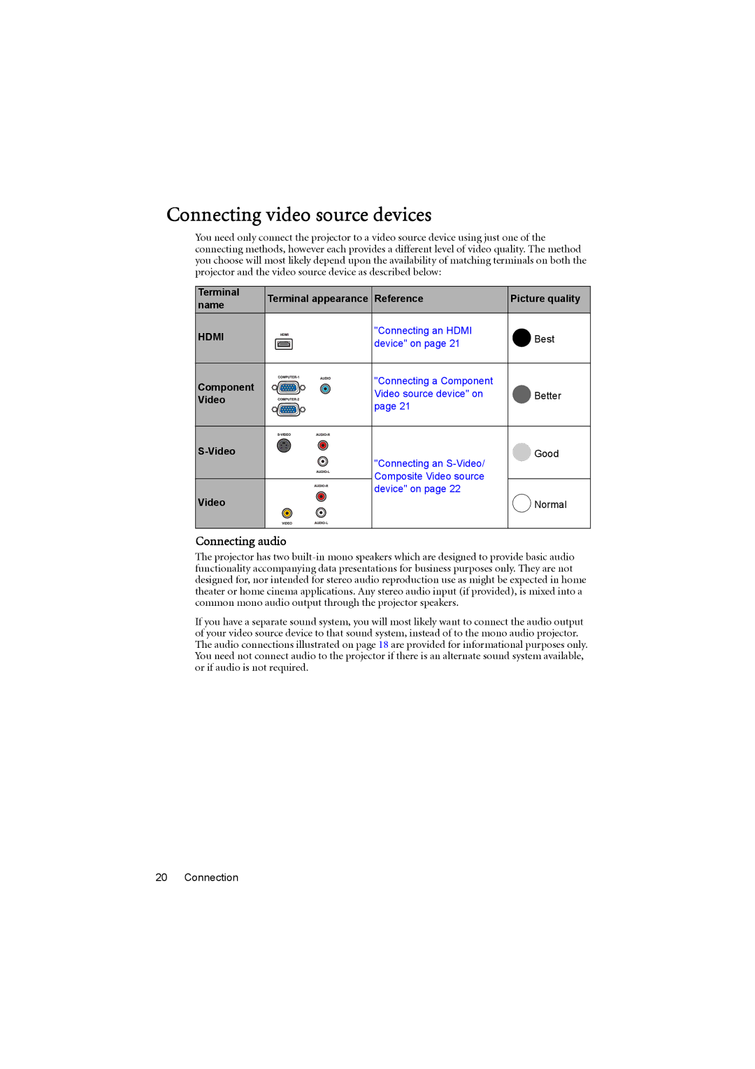 BenQ MP776 ST user manual Connecting video source devices, Connecting audio 