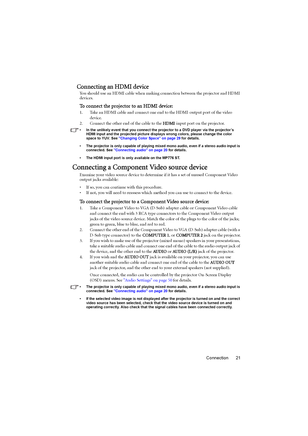 BenQ MP776 ST user manual Connecting a Component Video source device, Connecting an Hdmi device 