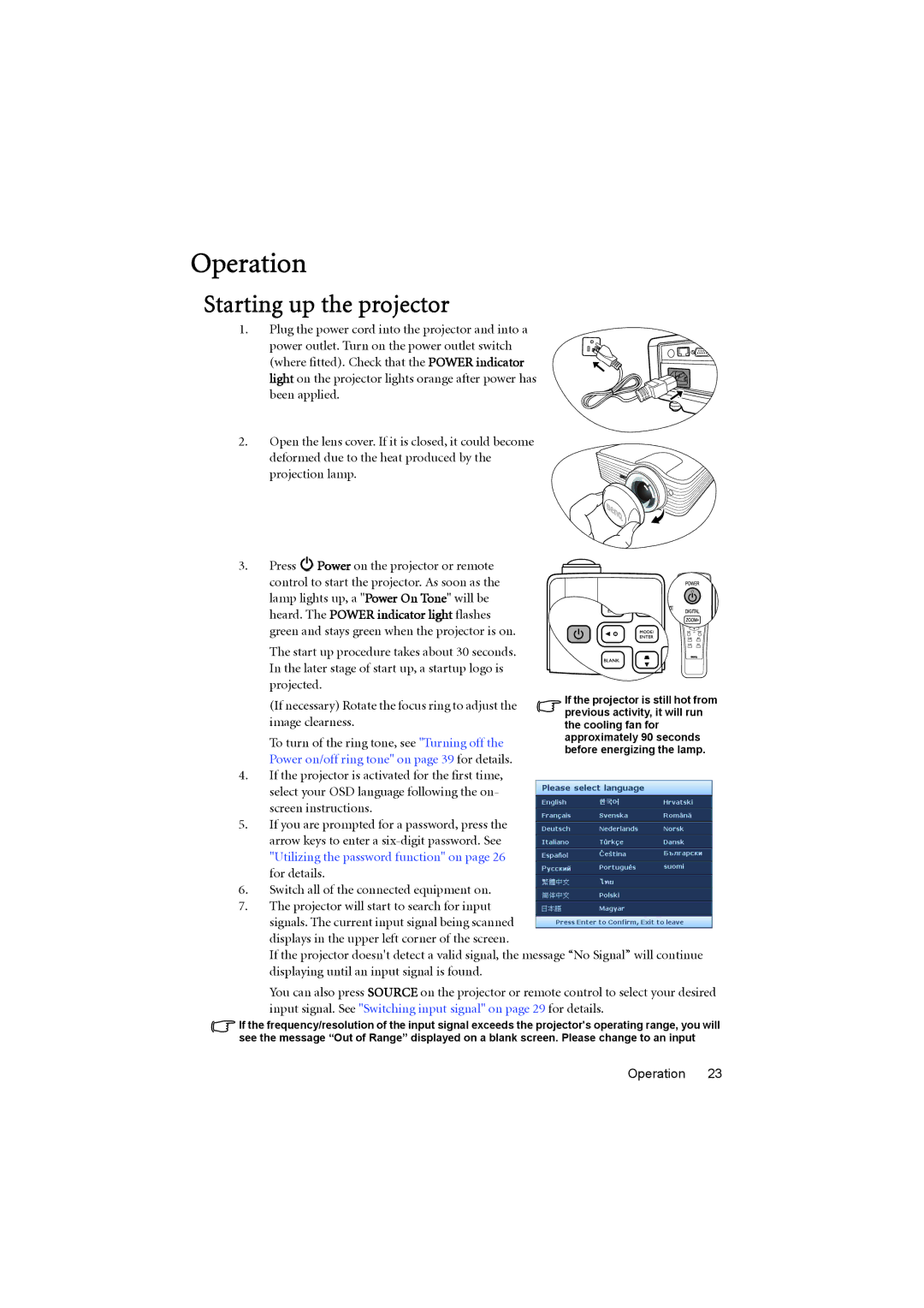 BenQ MP776 ST user manual Operation, Starting up the projector 