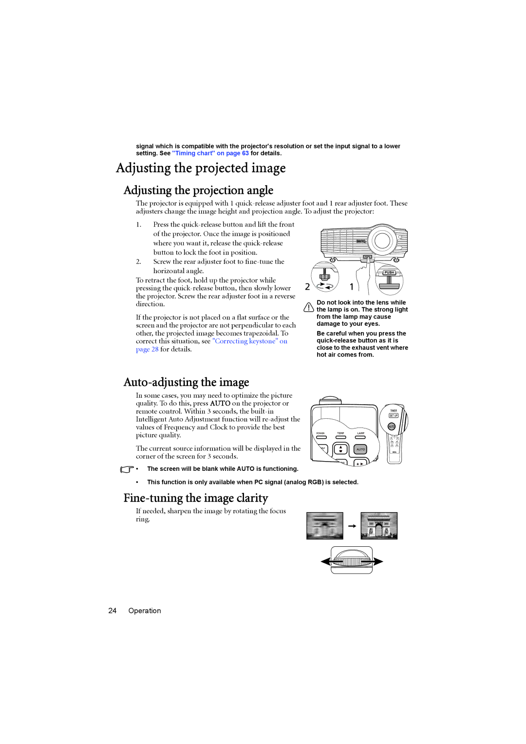 BenQ MP776 ST user manual Adjusting the projected image, Adjusting the projection angle, Auto-adjusting the image 