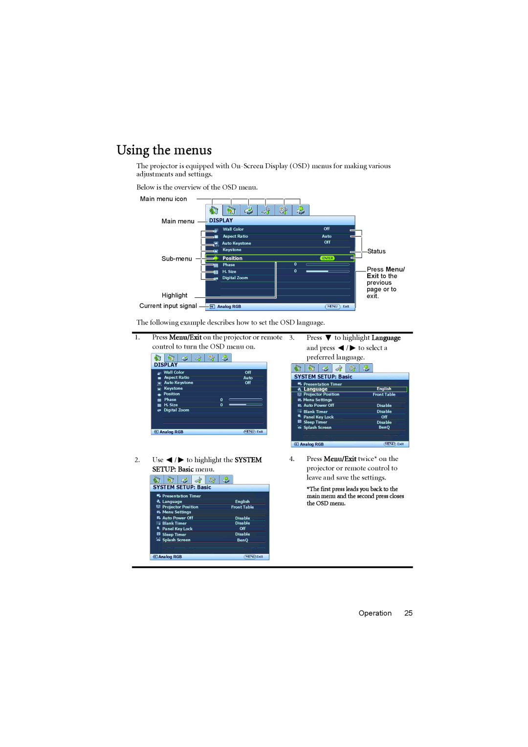 BenQ MP776 ST user manual Using the menus, Following example describes how to set the OSD language 