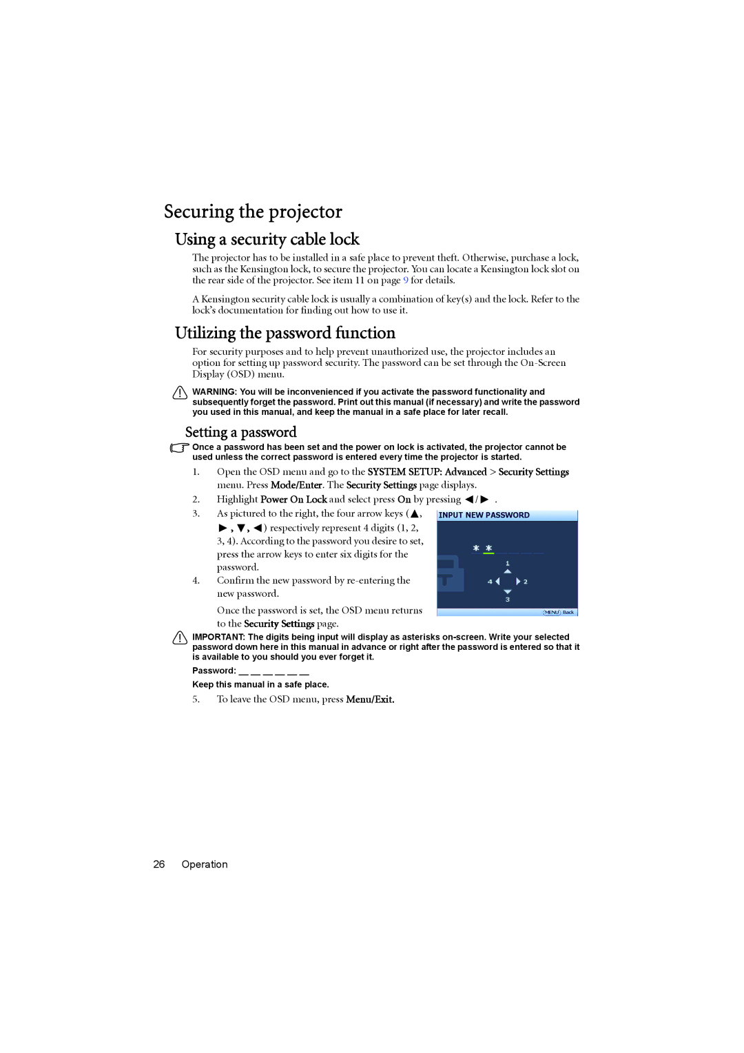 BenQ MP776 ST Securing the projector, Using a security cable lock, Utilizing the password function, Setting a password 