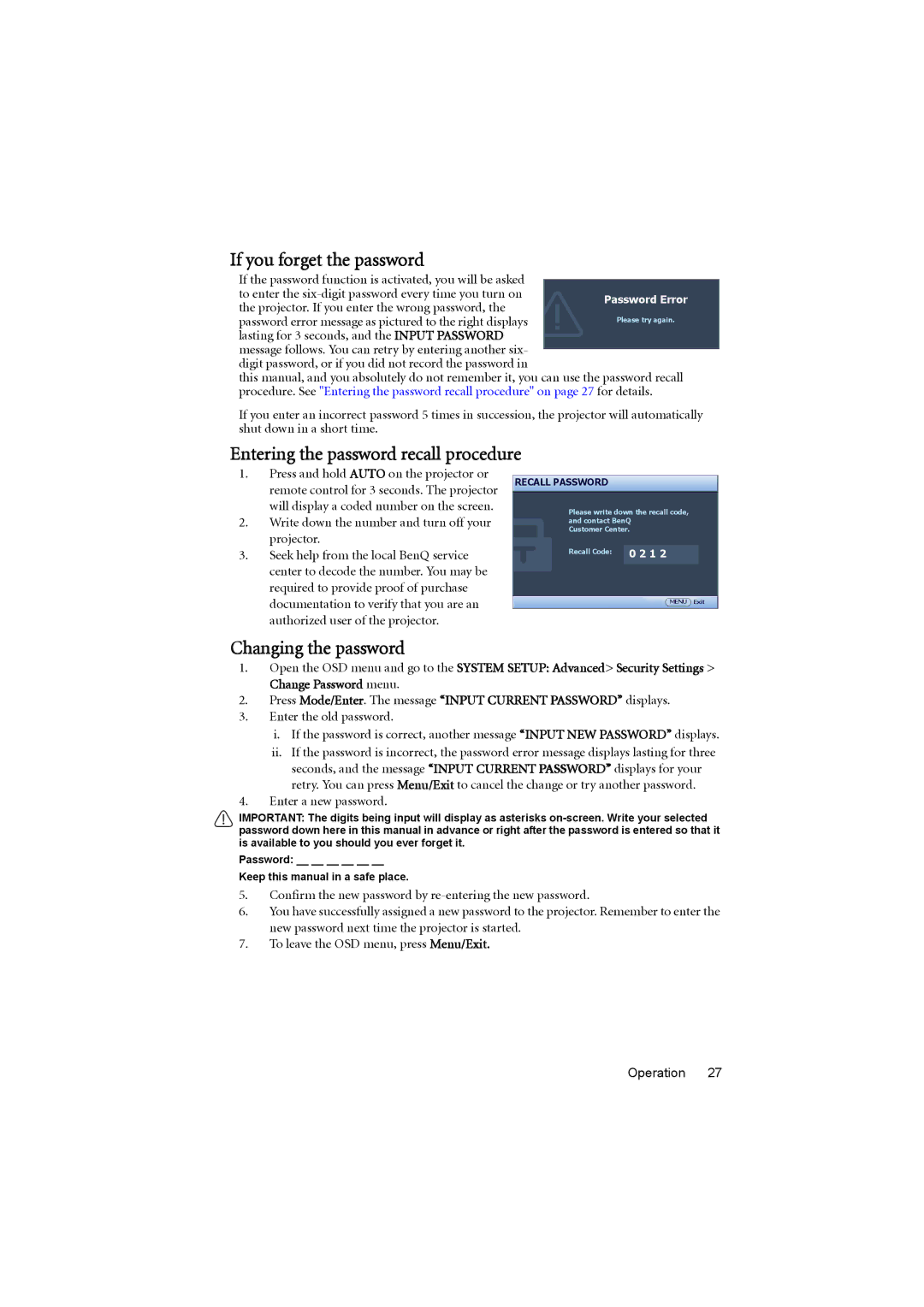 BenQ MP776 ST user manual If you forget the password, Entering the password recall procedure, Changing the password 