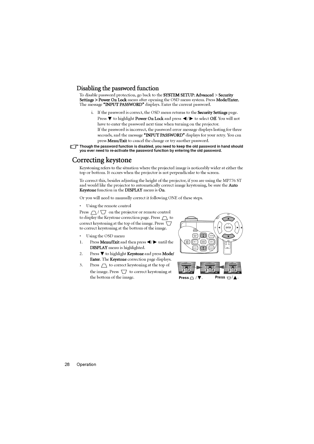 BenQ MP776 ST user manual Correcting keystone, Disabling the password function 