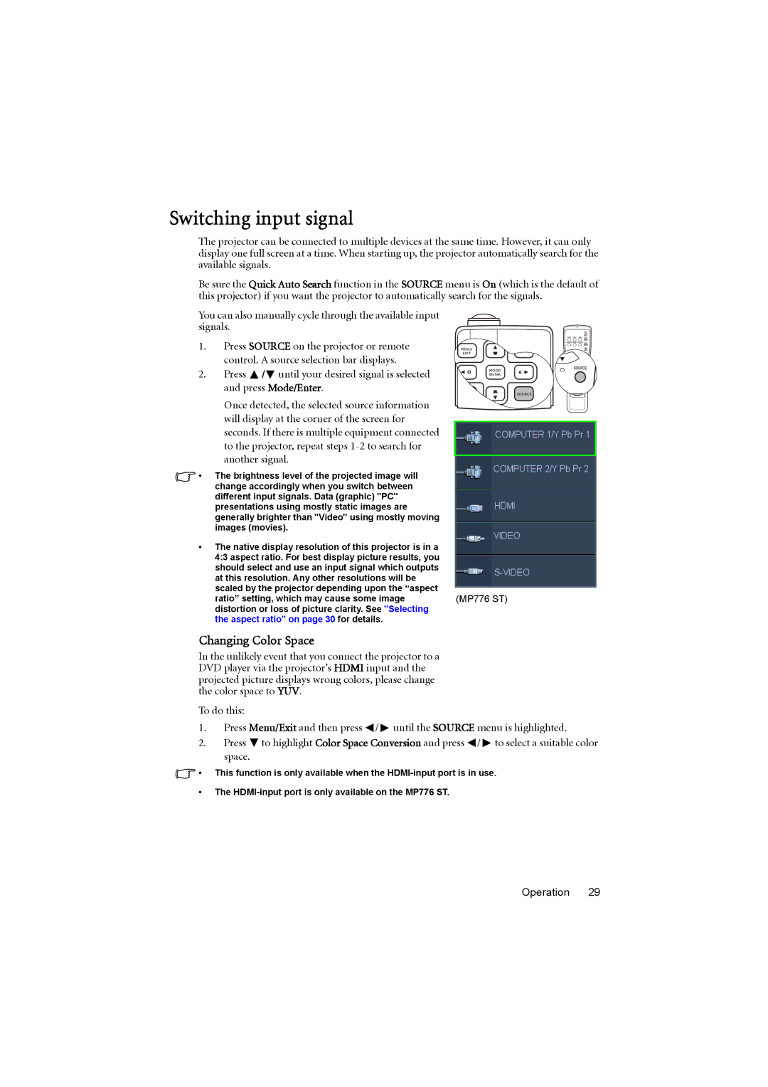 BenQ MP776 ST user manual Switching input signal, Changing Color Space 